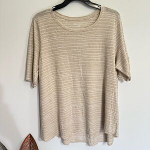H8 Eileen Fisher‎ Linen Beige Striped Short Sleeve Tee Crewneck